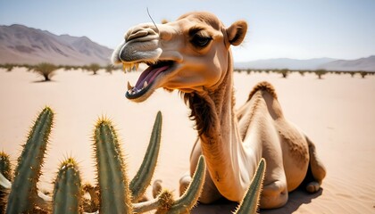 A Camels Teeth Grinding On A Tough Desert Plant Upscaled 3 2 - obrazy, fototapety, plakaty