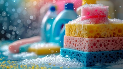 Colorful Sponges and Cleaning Products - obrazy, fototapety, plakaty
