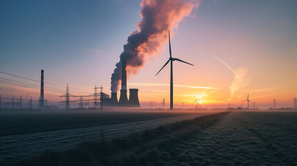 Obraz premium Single wind turbine, a coal burning power plant with pollution and electricity pylons in the background.