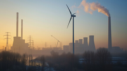 Single wind turbine, a coal burning power plant with pollution and electricity pylons in the background. - obrazy, fototapety, plakaty
