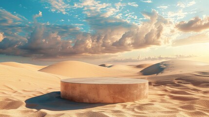 Empty Round Podium in Sand Dunes - obrazy, fototapety, plakaty