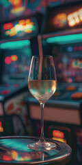 Mobile vertical wallpaper photograph of white wine glass in a 90s arcade center.. Story post.