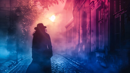 Mysterious figure in foggy alley at twilight