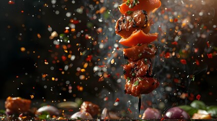 A closeup of kebab ingredients in mi. Concept Food Photography, Close-up Shots, Ingredients, Kebab Recipe, Cooking Inspiration - obrazy, fototapety, plakaty