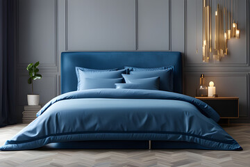 bed with blue blankets and blue pillows