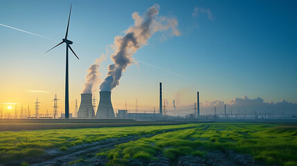 Single wind turbine, a coal burning power plant with pollution and electricity pylons in the background.