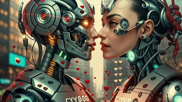 two cyborg robots in love look at each other while standing on busy city street.