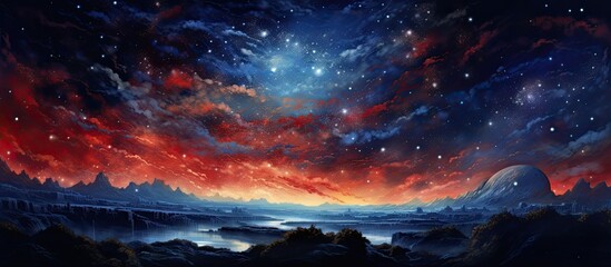 A mesmerizing artwork depicting a starfilled sky over a tranquil body of water at dusk. The painting captures the beauty of the celestial atmosphere with cumulus clouds and a serene landscape