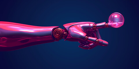 Abstract Metallic Arm, Index Finger Shows Up, Glass Ball With Neon Light, Isolated On Dark Blue Background - A Street With Buildings And A Castle In The Background - 763208780