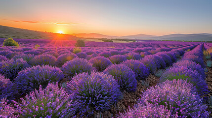 Fototapeta premium sunset over the lavender fields with a clear sky, with empty copy space