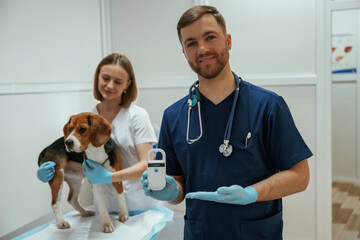 Holding electronic device in hand. Two veterinarians are working with beagle dog in clinic