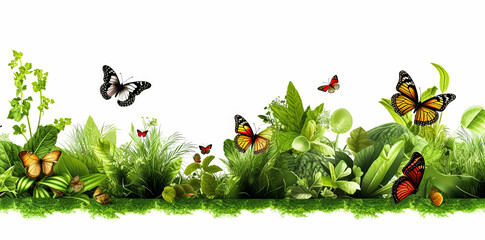 abstract yellow flowers, green leaves, plants, and flying butterflies
