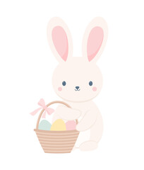 Cute Easter bunny holding a basket of Easter eggs, isolated on a white background. Easter character. Flat vector illustration