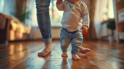 Baby Taking First Steps with Family's Support - obrazy, fototapety, plakaty