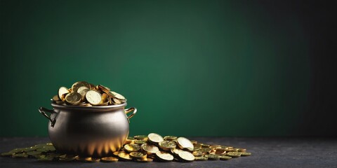  Leprechaun Pot of Gold Coins. A ceramic pot overflowing with gold coins sits on a flat surface. The pot has a decorative pattern. The coins are golden yellow and appear old. - obrazy, fototapety, plakaty