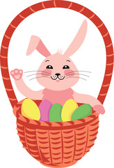 Bunny in a basket with Easter eggs. Vector element in flat style isolated on transparent background.