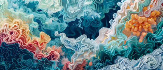 Background panorama. Magical Waves of Coral Reef. An abstract image of coral reefs in a wave-like motion with vibrant colors and textures. - obrazy, fototapety, plakaty