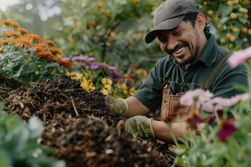 Man Smiling While Working in a Garden - obrazy, fototapety, plakaty