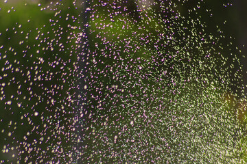 Blurry flying water droplets with multi-colored colored reflections and distortions at the edges....