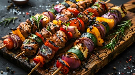 Delicious shish kebab skewers with grilled vegetables on a wooden board. Concept Tasty BBQ, Grilled Veggies, Food Styling, Outdoor Dining, Wooden Presentation