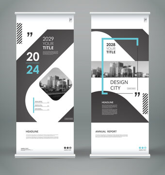 Abstract composition. White roll up brochure cover design. Info banner frame. Text font. Title sheet model set. Modern vector front page. City view brand flag. Rhombus figures icon. Ad flyer fiber