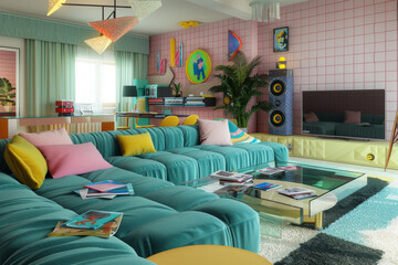 80s Pop Art Living Room. A vividly decorated living room with a geometric wall, teal sofa, and...