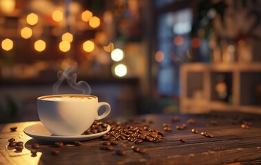 A steaming coffee cup sits amidst scattered beans with warm lights in the blurred background, creating a cozy atmosphere