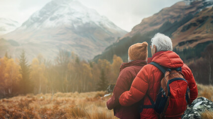 Seasoned Explorers: Elderly Couple’s Mountain Adventure in Autumn - Generative AI