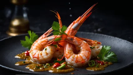 Fotobehang  Delight in the savory elegance of roasted shrimp, accompanied by fresh tomatoes, vibrant greens, and fluffy rice. This hand-drawn vector illustration captures the delectable essence of a sumptuous se © Rashid