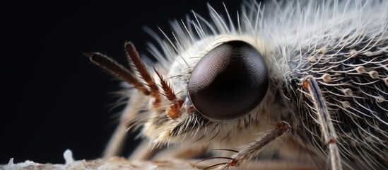 Macro photography closeup of a moths face highlighting its whiskers and snout. This terrestrial animal is an arthropod commonly found in wildlife and can be a parasite to birds - obrazy, fototapety, plakaty