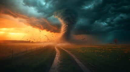 Tornado In Stormy Landscape - Climate Change And Natural Disaster Concept - obrazy, fototapety, plakaty