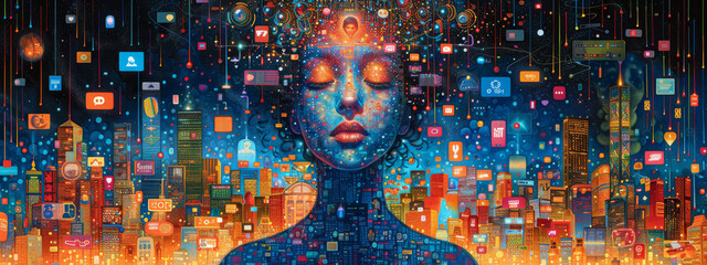 Digital Mind in a Modern City. Background Panorama. A vibrant digital collage featuring a silhouette filled with colorful app icons over a futuristic cityscape.
