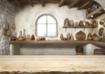 Wooden Table View In A Countryside Kitchen With The View On A Window And A Garden - A Woman In A Red Leotard And Black Boots - 763210965