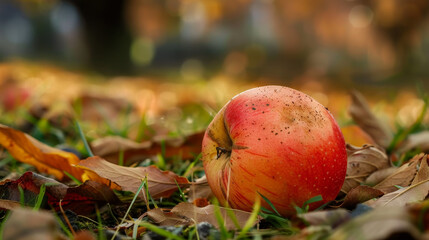 A ripe apple on earthy soil amidst fallen leaves and grass.