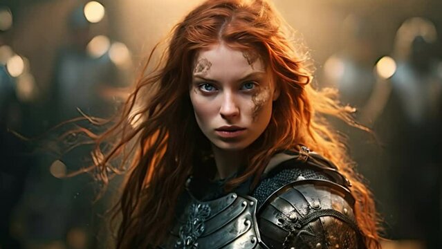 Beautiful female warrior in medieval metal armor with sword. Fairy tale stories about warriors, movie tone