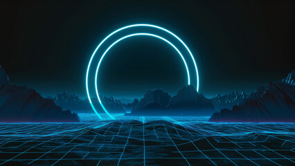 Neon arc illuminating a nostalgic cyberpunk landscape of reflective mountains and grid terrain.
