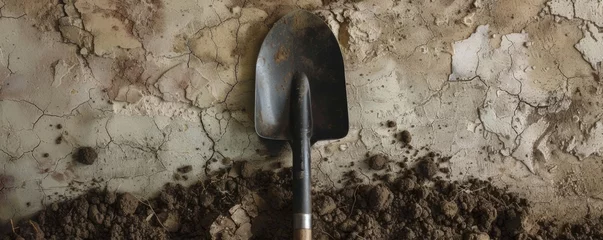 Fotobehang Shovel Embedded in Earth Against a Rough Wall in Dim Light © Denys