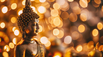 A golden Buddha statue radiates calm amidst a festive bokeh backdrop.