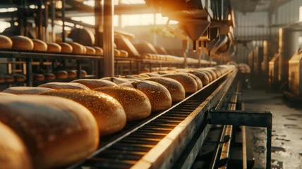 Foto auf Leinwand Golden loaves of bread traveling down a factory conveyor belt in warm sunlight. © VK Studio