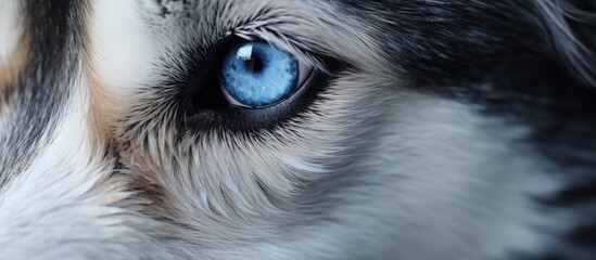 A closeup of a Husky dogs electric blue eye, showcasing its long eyelashes, carnivorous nature, distinctive breed traits like whiskers and pointed ears, and the striking color of its iris