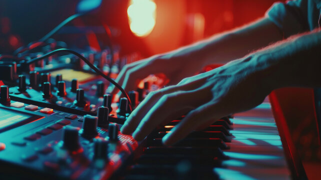 Musician's hands masterfully manipulating a synthesizer, creating a fusion of electronic sounds.