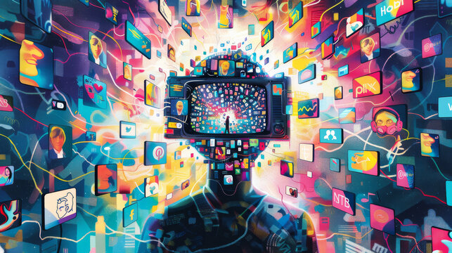 Virtual Reality Interface Explosion. Background Panorama. A vivid illustration of a human head silhouette filled with an explosion of virtual reality and social media elements.