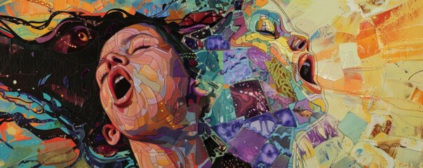 Fototapeta premium Colorful Collage of Girl Experiencing a Whirlwind of Emotions in Abstract Art Piece