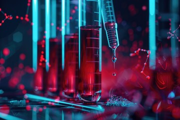 Red liquid in scientific measuring tools - Close-up of test tubes filled with red liquid with a syringe and scattered granules representing experiments or tests