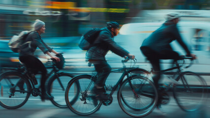 The dynamic blur of city cyclists in motion against an urban backdrop.