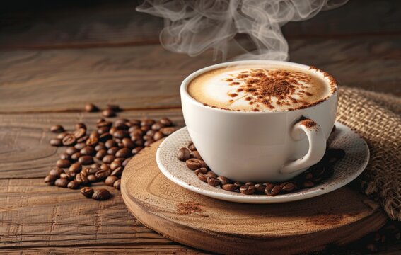 A steaming cup of coffee with a heart shape in its froth, set on a wooden surface with scattered coffee beans, exuding warmth and comfort
