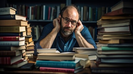Translator meticulously working at desk surrounded by foreign-language books