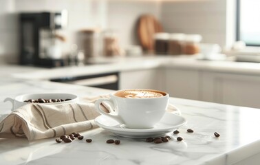 Fototapeta na wymiar A steaming cup of coffee sits on a white marble countertop, surrounded by roasted beans, in a modern kitchen setting with soft lighting