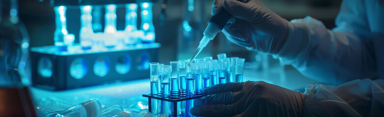 Precision Liquid Handling in Modern Lab. Close-up of a lab technician pipetting in a neon-lit laboratory setting.