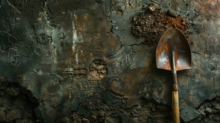 Rustic Shovel Against Aged Wall With Peeling Paintwork in a Dimly Lit Setting - obrazy, fototapety, plakaty